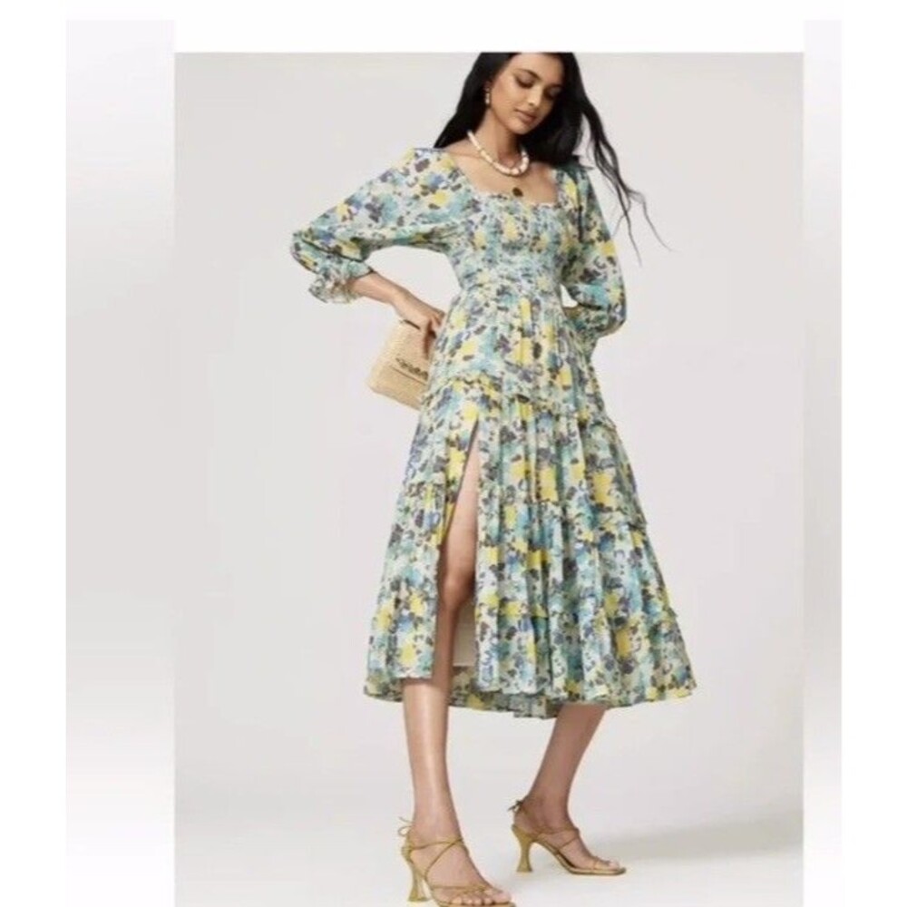 LoveShackFancy‎ Capri Midi Dress- Size L Blue Multi 3/4 Sleeves Smocked Waist